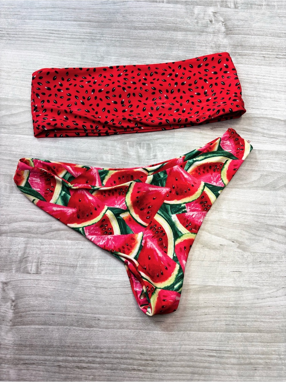 Red Watermelon Print Bikini Set - Bandeau Top & Low-Rise Bottom